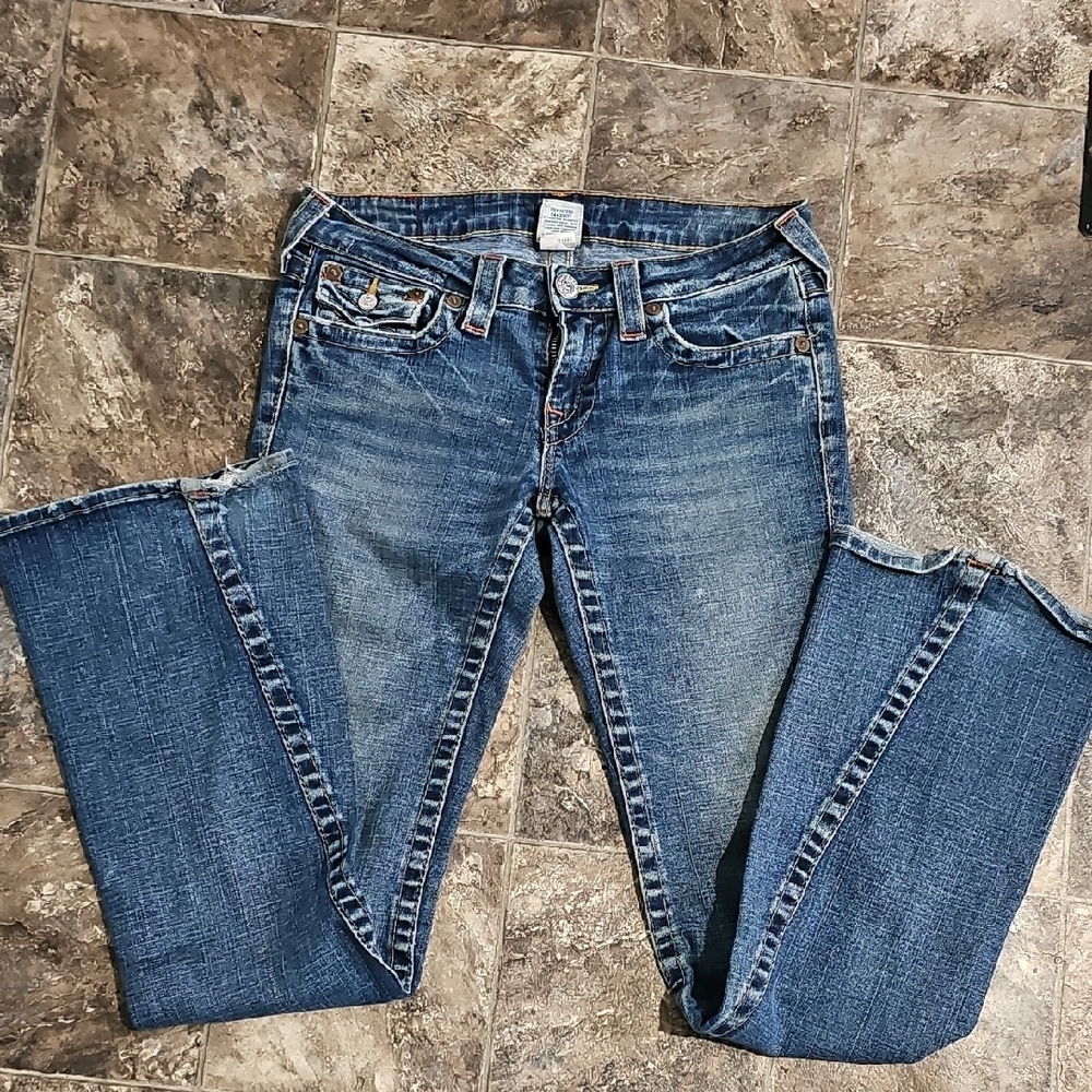 True Religion Women's Flare Low Rise Blue Jeans Size 28